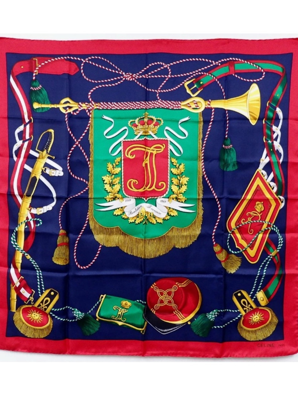 CELINE Vintage Silk Crest Scarf in Navy, Red & Green